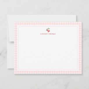 Cherries Pink Gingham Border Personalized Card