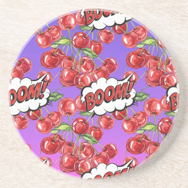 Cherries, Pop Art, by Natasha Us Coaster (Front)