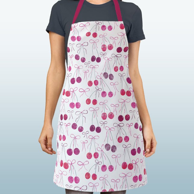 Cherries Ribbons and Bows Watercolor Pattern Apron (Cherries, ribbons and bows pink and white watercolor pattern apron)