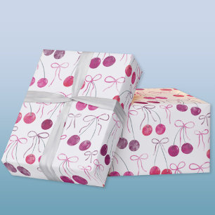 Cherries Ribbons and Bows Watercolor Pattern Wrapping Paper