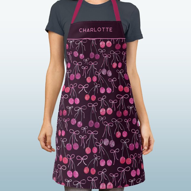 Cherries Ribbons Bows Watercolor Personalised Apron (Watercolor cherries, ribbons and bows pattern black cherry personalized name apron)