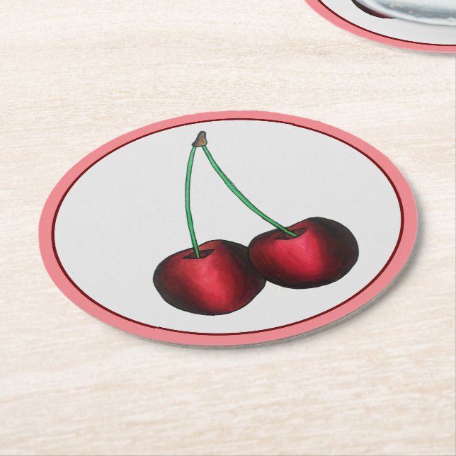 Cherries Ripe Red Cherry Summer Fruit Print Round Paper Coaster (Angled)