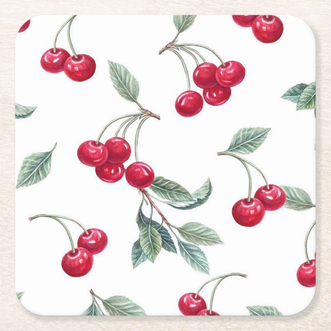 Cherries Square Paper Coaster (Front)