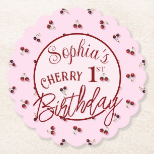 Cherries Theme First Birthday Paper Coaster