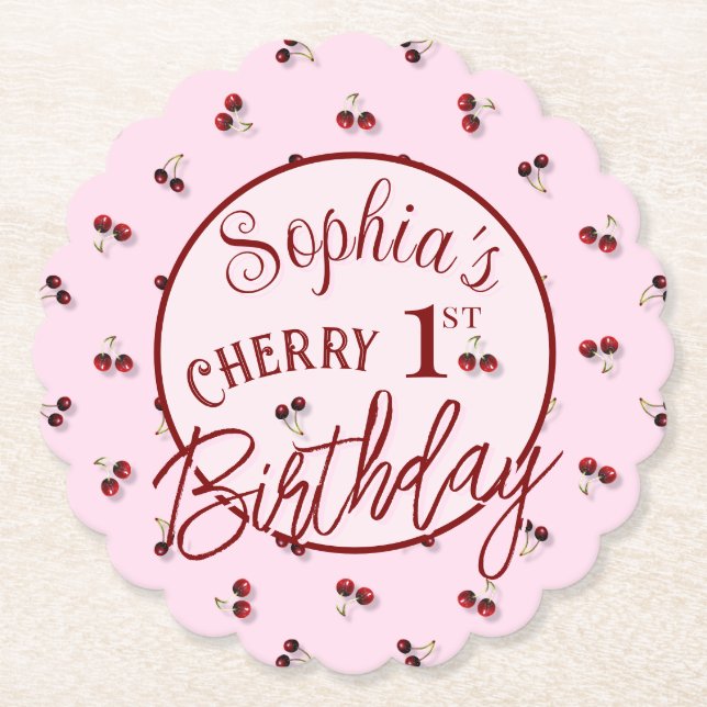 Cherries Theme First Birthday Paper Coaster (Front)