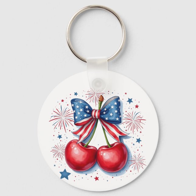 Cherries with Coquette Bow 4th of July American   Key Ring (Front)