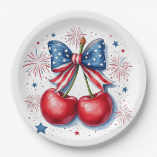 Cherries with Coquette Bow 4th of July American Paper Plate