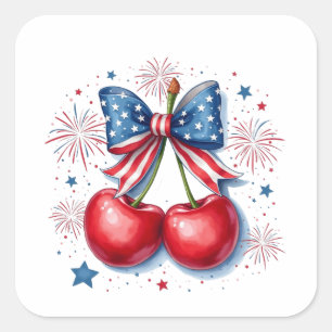 Cherries with Coquette Bow 4th of July American Square Sticker