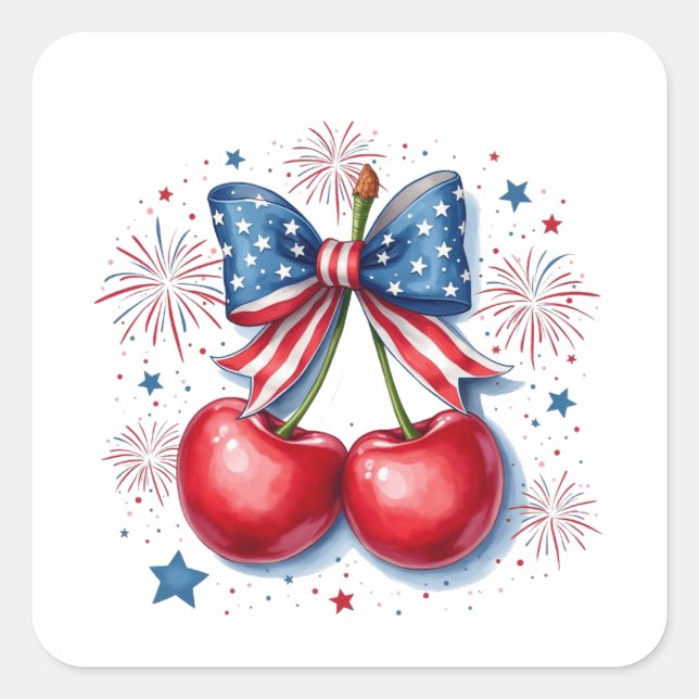Cherries with Coquette Bow 4th of July American   Square Sticker (Front)