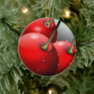 Cherries with Dew Drops Ceramic Ornament