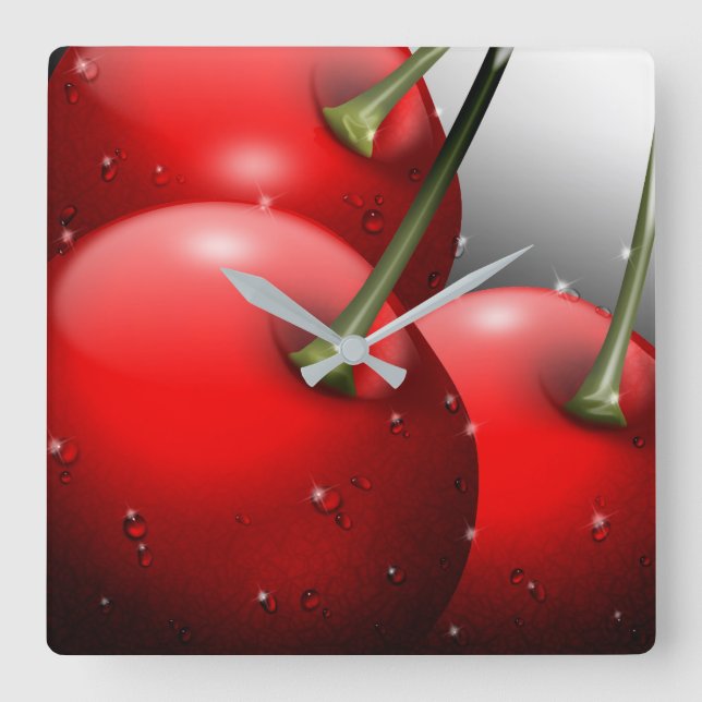 Cherries with Dew Drops Square Wall Clock (Front)