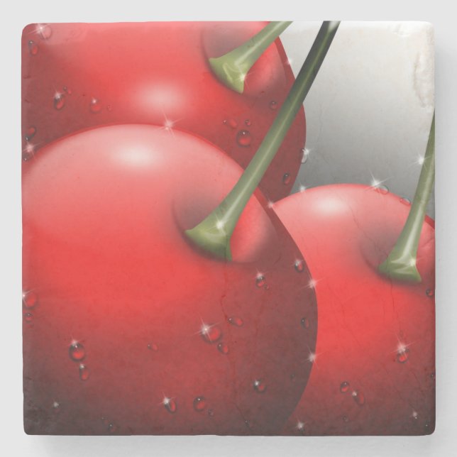 Cherries with Dew Drops Stone Coaster (Front)
