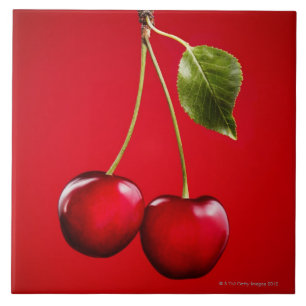 Cherries with Leaf on Red Background Ceramic Tile
