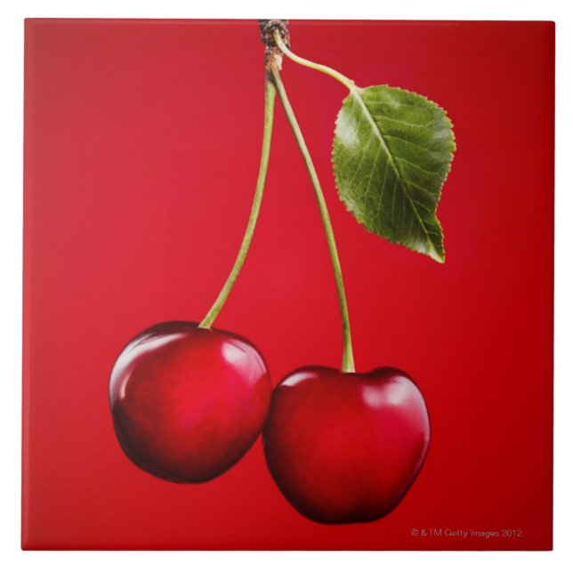 Cherries with Leaf on Red Background Ceramic Tile (Front)
