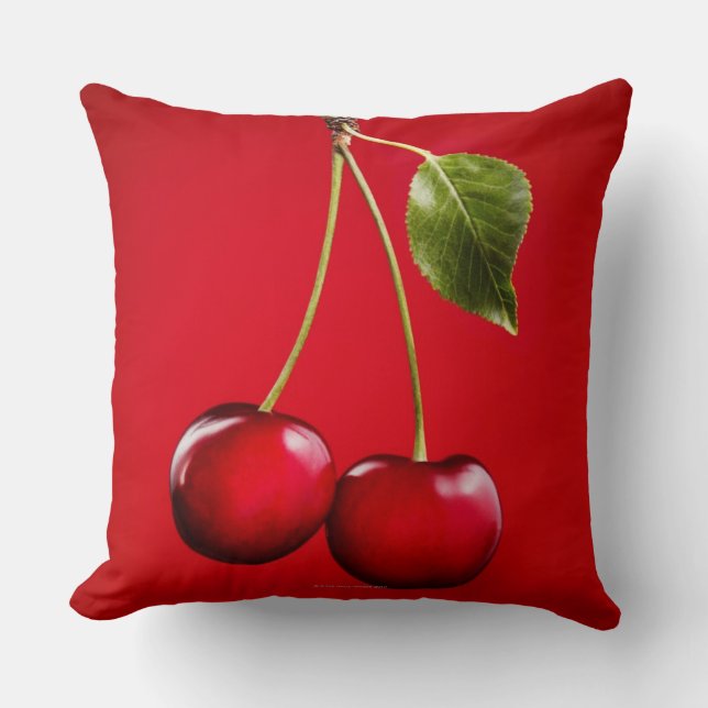 Cherries with Leaf on Red Background Cushion (Front)