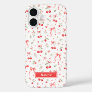 Cherries With Red Coquette Bows Monogrammed iPhone 16 Case