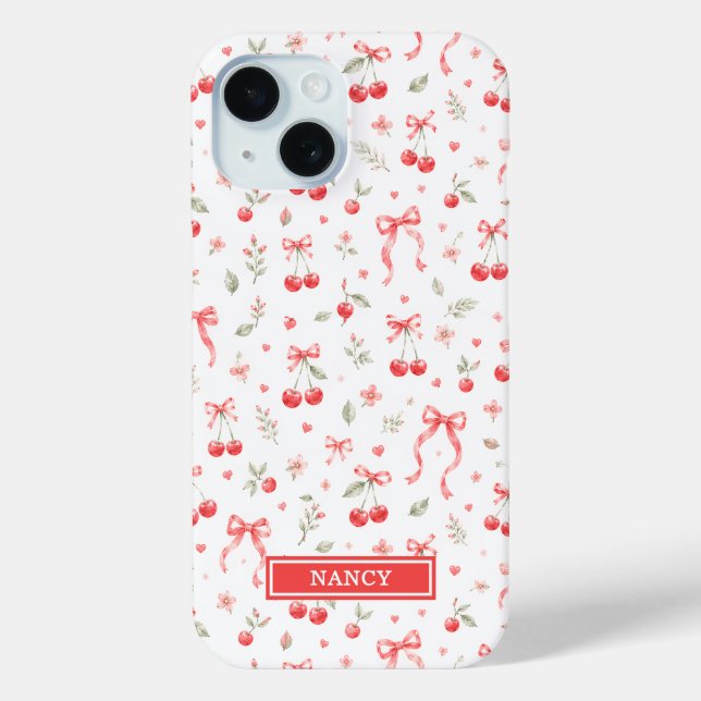 Cherries With Red Coquette Bows Monogrammed Case-Mate iPhone Case (Back)