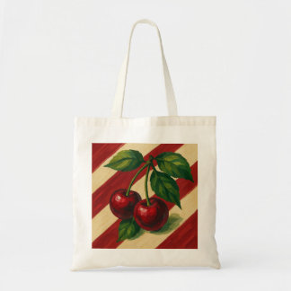Cherries with Ruby Red and Cream Stripes Tote Bag