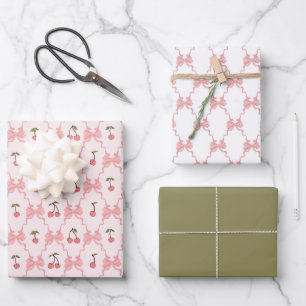 Cherries Wrapping Paper, Pink Bows Gift Wrap