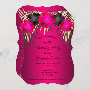 Cherrry Pink Gold Palms Hibiscus Birthday Party Invitation