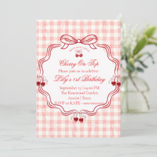 Cherry 1st Birthday Invitation Pink Gingham Bow