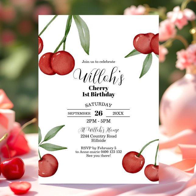 Cherry 1st Birthday Invitation Summer Cherries (Cherry 1st Birthday Invitation. Watercolor Cherry Birthday Invitation Cherry Party Invitation)