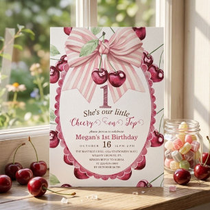 Cherry 1st Birthday Party Coquette Bow Birthday Invitation