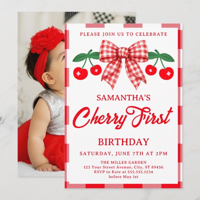 Cherry 1st Birthday Red Gingham Bow Photo Invitation (Front/Back)