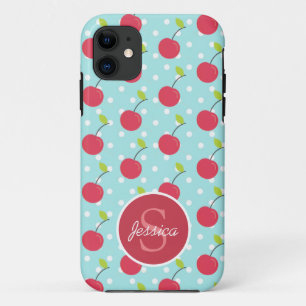 Cherry and Blue Polka Dot Pattern Personalised iPhone 11 Case
