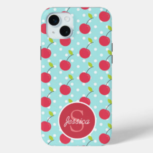 Cherry and Blue Polka Dot Pattern Personalised iPhone 15 Mini Case