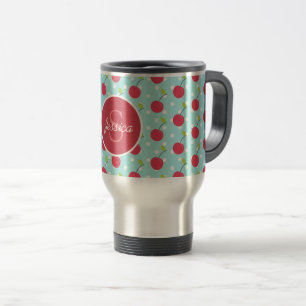 Cherry and Blue Polka Dot Pattern Personalised Travel Mug