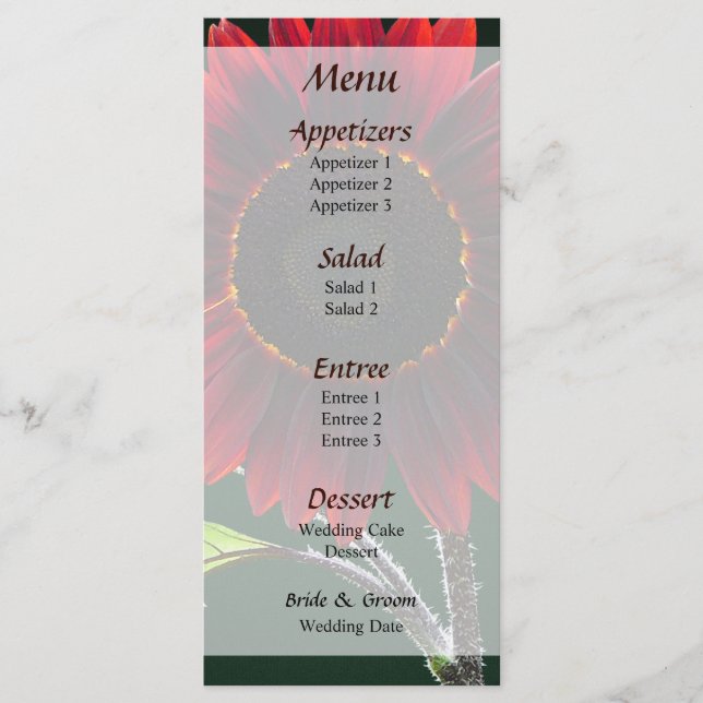 Cherry and Chocolate Sunflower Wedding Menu (Front)