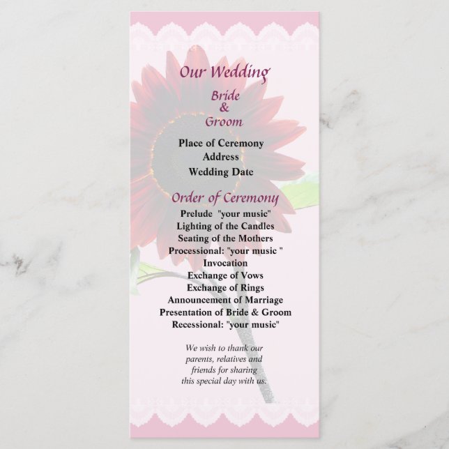 Cherry and Chocolate Sunflower Wedding Program (Front)