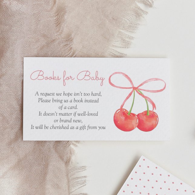 Cherry and Pink Ribbon Baby Shower Books for Baby Enclosure Card (Creator Uploaded)