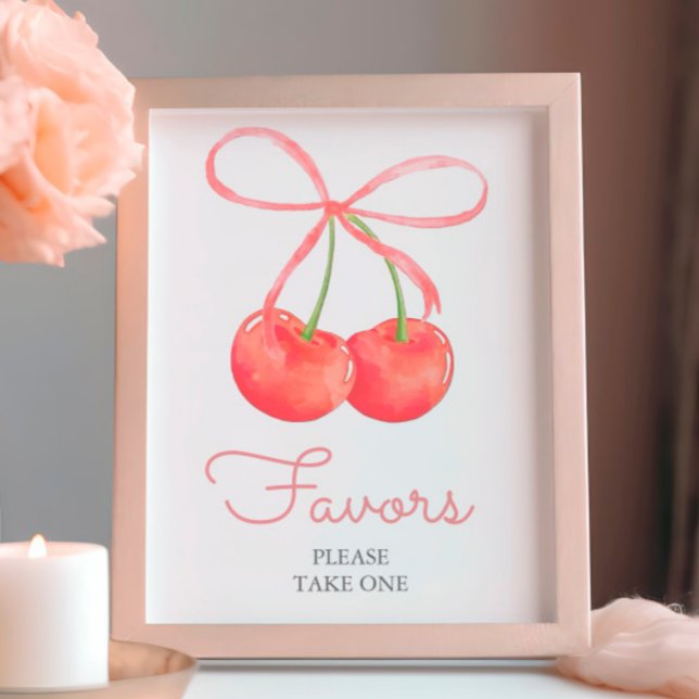 Cherry and Pink Ribbon Baby Shower Favours Sign (Creator Uploaded)