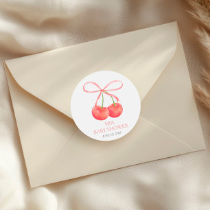Cherry and Pink Ribbon Watercolor Girl Baby Shower Classic Round Sticker