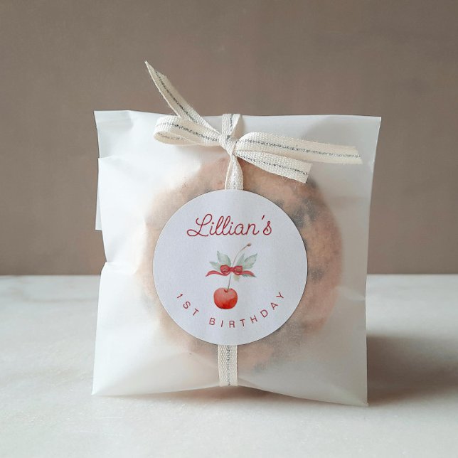 Cherry and Red Ribbon Birthday Party Classic Round Sticker (Creator Uploaded)