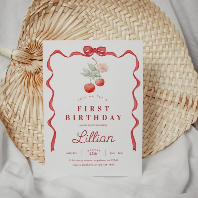 Cherry and Red Ribbon Frame Birthday Invitation (Creator Uploaded)