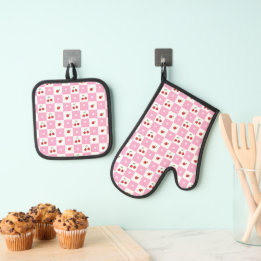 Cherry and Tiny Blossom Pink Gingham Pattern Oven Mitt & Pot Holder Set