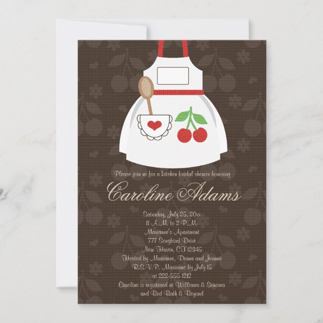 Cherry Apron Bridal Shower Invitation Red and Brow (Front)