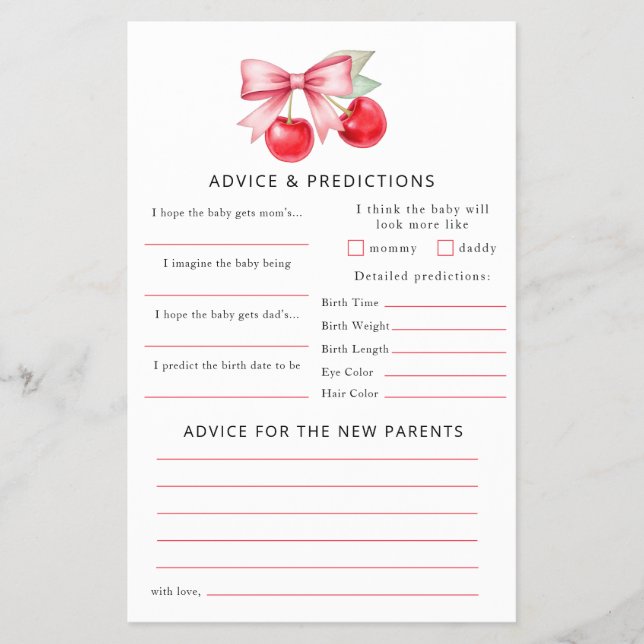 Cherry Baby Shower Advice & Predictions Card (Front)