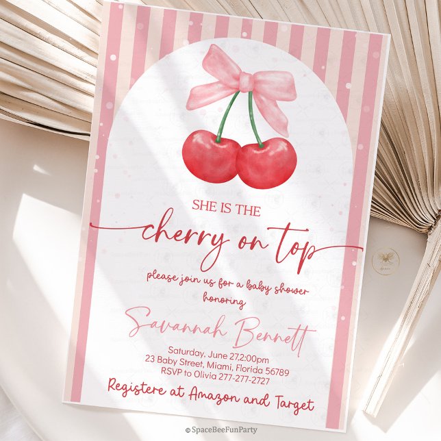 Cherry Baby Shower Cherry on Top Invitation (Cherry Baby Shower Invitation, Editable Cherry on Top Invitation, Girl Baby Shower Invite, Pink Bow )