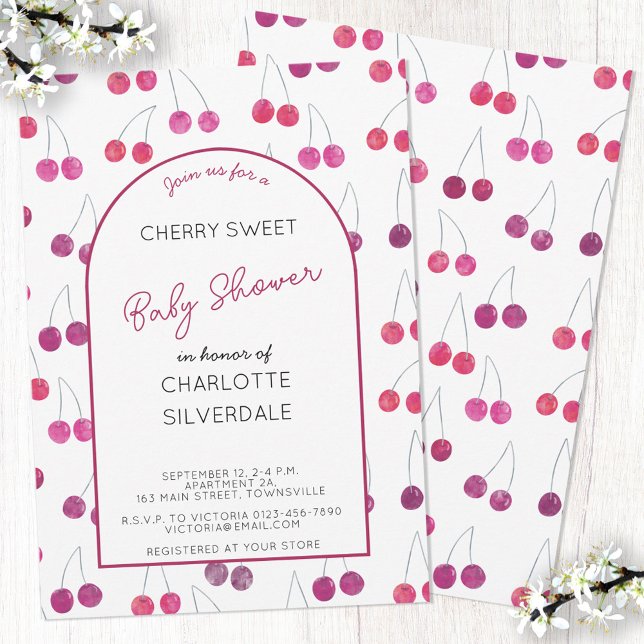 Cherry Baby Shower Invitation (Pretty watercolor cherry pattern personalized custom text baby shower invitation)