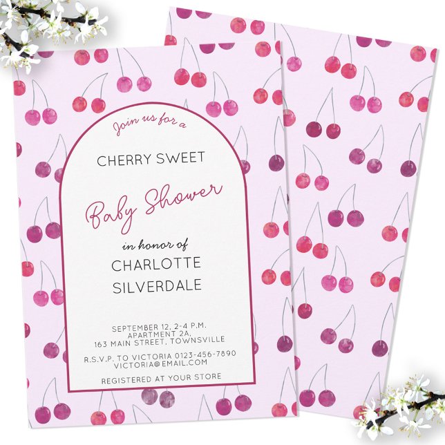 Cherry Baby Shower Invitation (Personalize custom text cherry watercolor baby shower invitations)