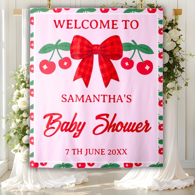 Cherry Baby Shower Red Gingham Bow Backdrop Tapestry (Creator Uploaded)