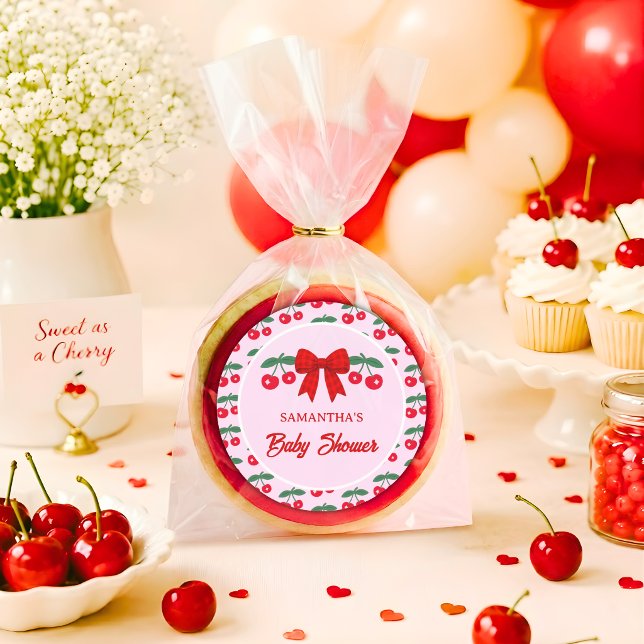 Cherry Baby Shower Red Gingham Bow Classic Round Sticker (Creator Uploaded)