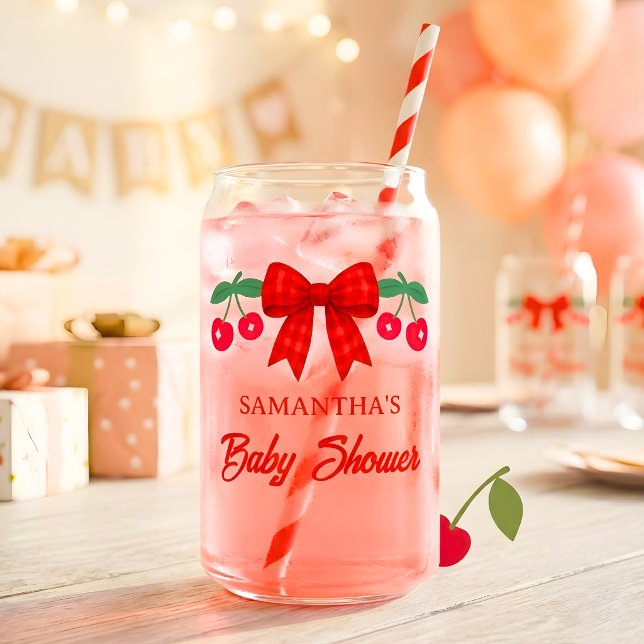 Cherry Baby Shower Red Gingham Bow Favour Can Glass (Creator Uploaded)