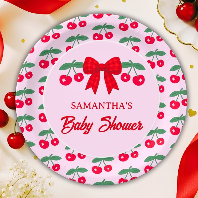 Cherry Baby Shower Red Gingham Bow Paper Plate (Creator Uploaded)