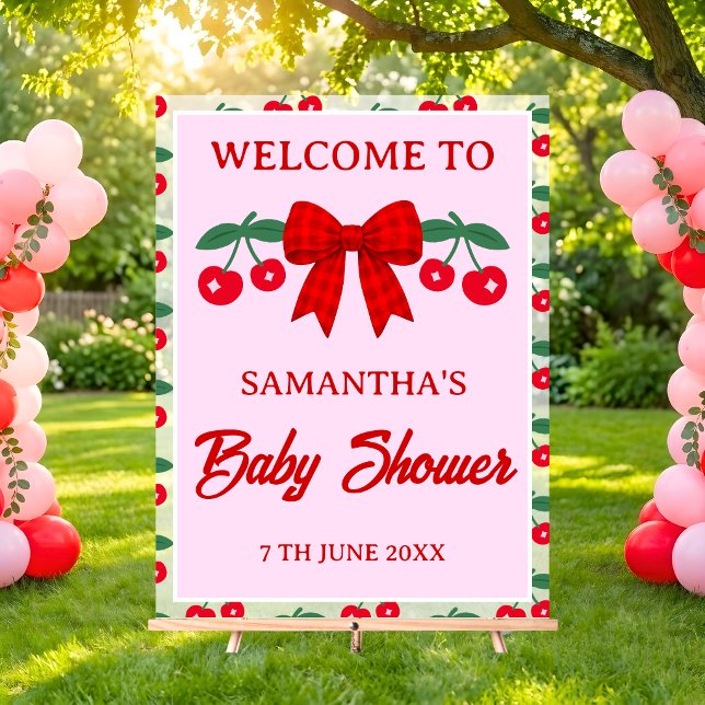 Cherry Baby Shower Red Gingham Bow Welcome Acrylic Sign (Creator Uploaded)
