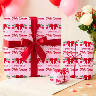 Cherry Baby Shower Red Gingham Bow Wrapping Paper